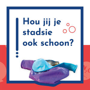 Campagnebeeld van gebruikte lachgasballonnen en -capsules met tekst 'Hou jij je stadsie ook schoon?'