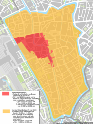 klik en vergroot kaart binnenstad tijden laden en lossen, omschrijving in tekst.