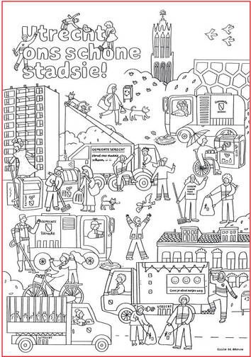 Download de kleurplaat als pdf. Er staan vuilnismannen, veegwagens en actieve inwoners op. Ze werken samen om de stad schoon te houden. Inwoners brengen glas naar de glasbak, laten hun hond uit en fietsen door de stad. Er staan bekende plekken zoals het Maximapark en de Domtoren op.