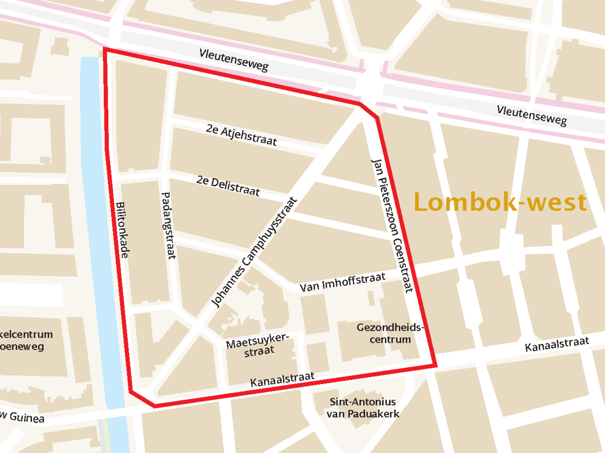 Overzichtskaart met de straten in gebied Lombok.