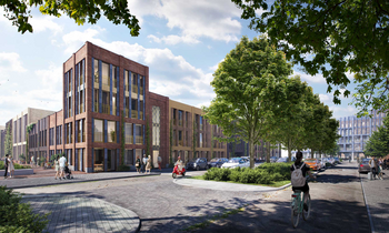 Klik en vergroot appartementengebouw in bruin steen en veel glas