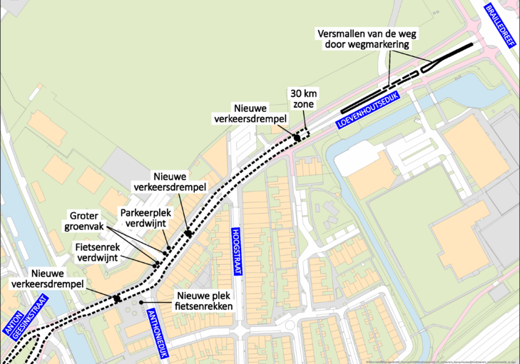 overzichtskaart van het werk op de Loevenhoutsedijk