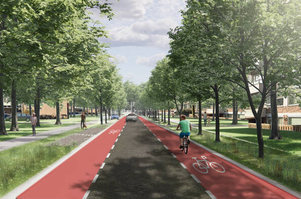 klik en vergroot nieuw beeld, met grijze weg met aan allebei de kanten fietspad, links vertikale parkeervakken en veel bomen