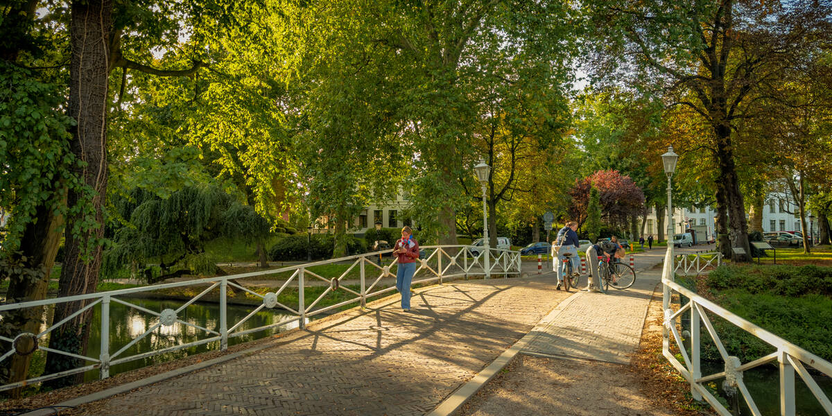 Link naar foto in Flickr: Maliebrug met op de achtergrond Lepelenburgpark en de  Stadsbuitengracht. Op de brug loopt en vrouw en fietsen 2 vrouwen.