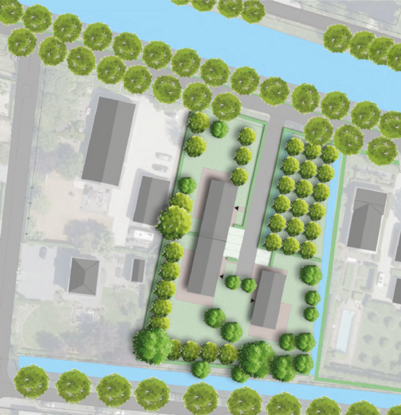 Bovenaanzicht van het stuk grond met aan de noordkant de Rijksstraatweg en het water. De 2 woningen in de boerderij staan van bovenaf gezien aan de linkerkant, de schuurwoning rechts.