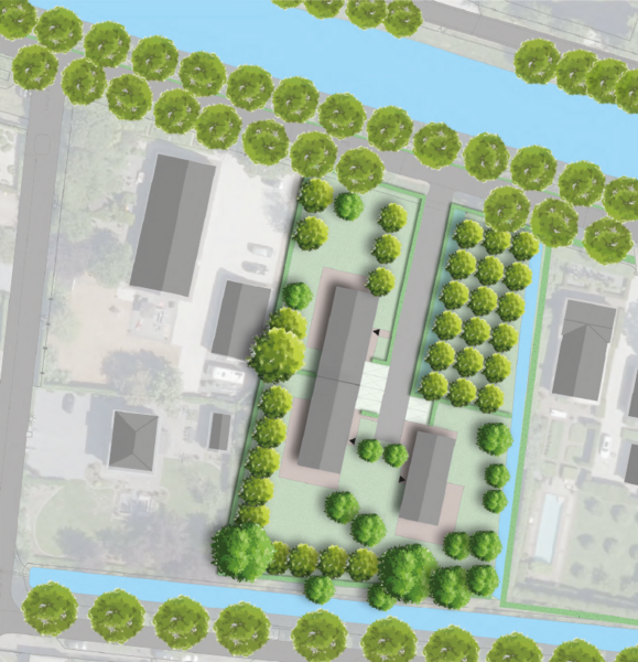 Bovenaanzicht van het stuk grond met aan de noordkant de Rijksstraatweg en het water. De 2 woningen in de boerderij staan van bovenaf gezien aan de linkerkant, de schuurwoning rechts. 