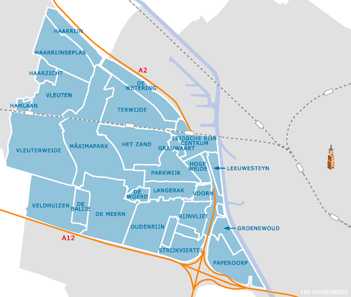 kaart die aangeeft waar de buurten van Leidsche Rijn en Vleuten-De Meern liggen
