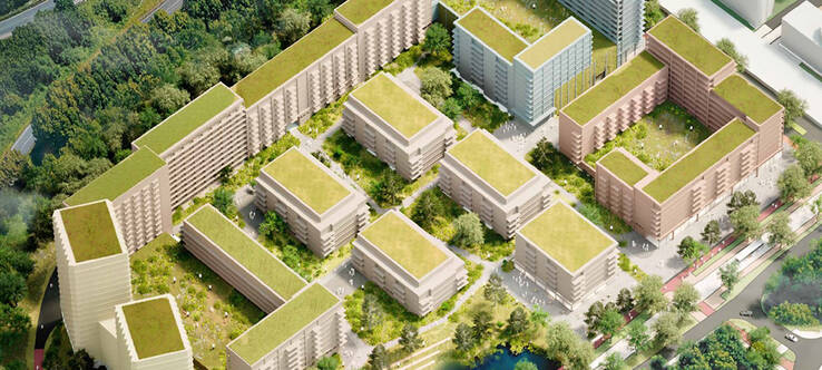 verschillende gebouwen archimedeskwartier vanaf boven, hoogbouw, veel groen ertussen, groene daken,