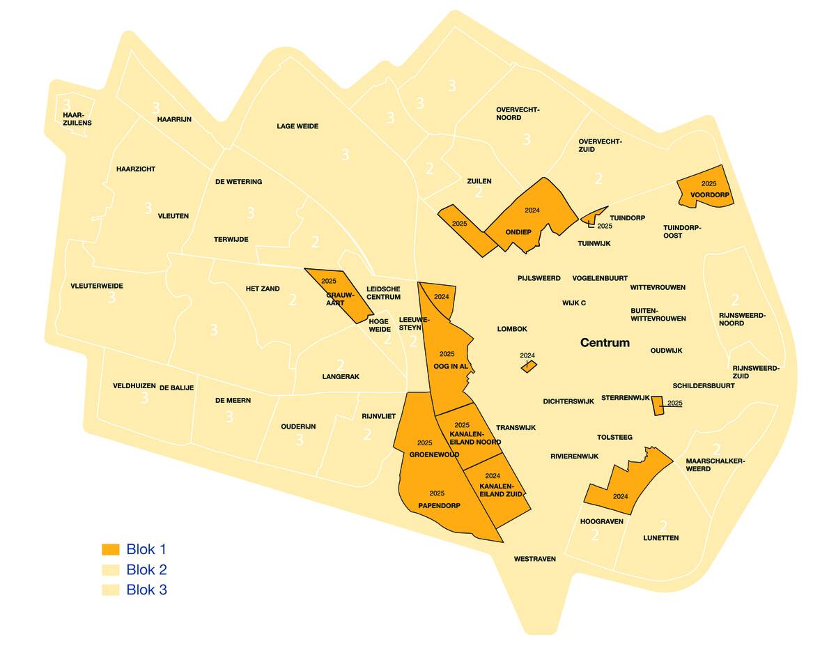Kaart van Utrecht met daarop blok 1. Bij 'Wat staat op de kaart van blok 1 (uitgeschreven)?' staat om welke gebieden het gaat