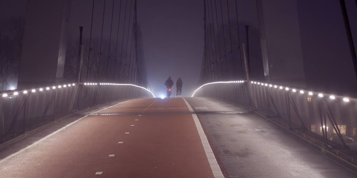 Link naar foto in Flickr: 2 fietsen gaan over een verlichte Dafne Schippersbrug in de avond. 