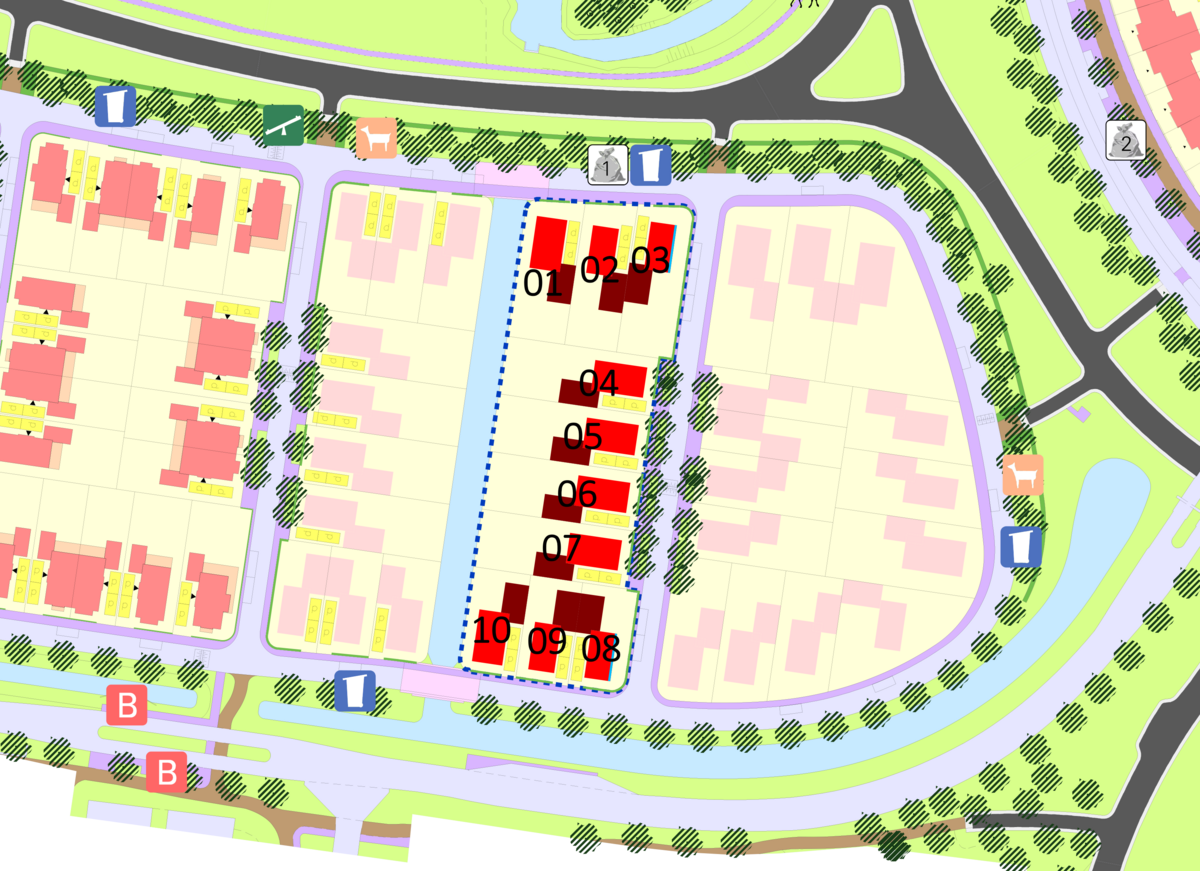 overzichtskaart van de 10 kavels: ten noorden van Burg. Middelweerdbaan, ten westen van Castellum Hoge Woerd, ten zuiden van Máximapark