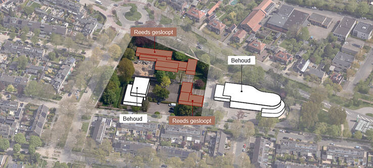 2 schoolgebouwen aan Ten Veldestraat 96 gesloopt. Gymzaal aan Ten Veldstraat 94 en schoolgebouw aan Ten Veldestraat 98 behouden.
