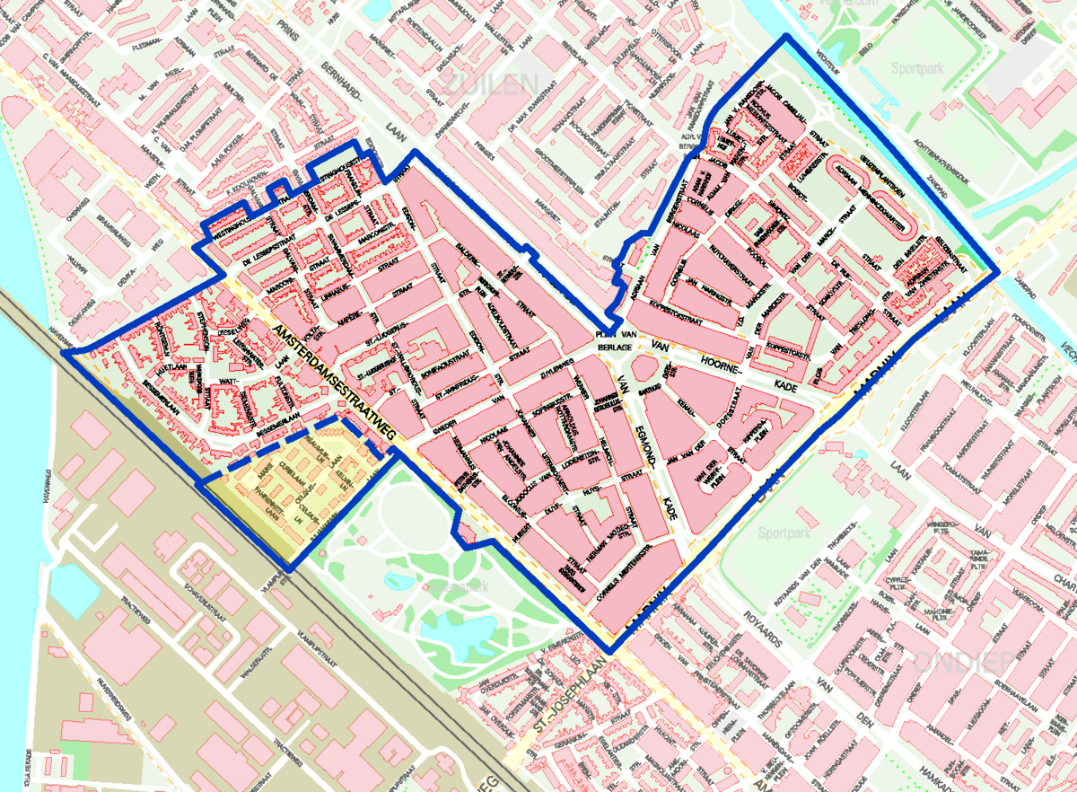 Klik om kaart van het gebied te vergroten. Stratenlijst staat onder de kaart.