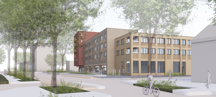 beeld van hoe het eruit kan zien: bouwblokken aan elkaar met 3, 4 en 6 lagen. verschillende kleuren baksteen. onderin winkels.