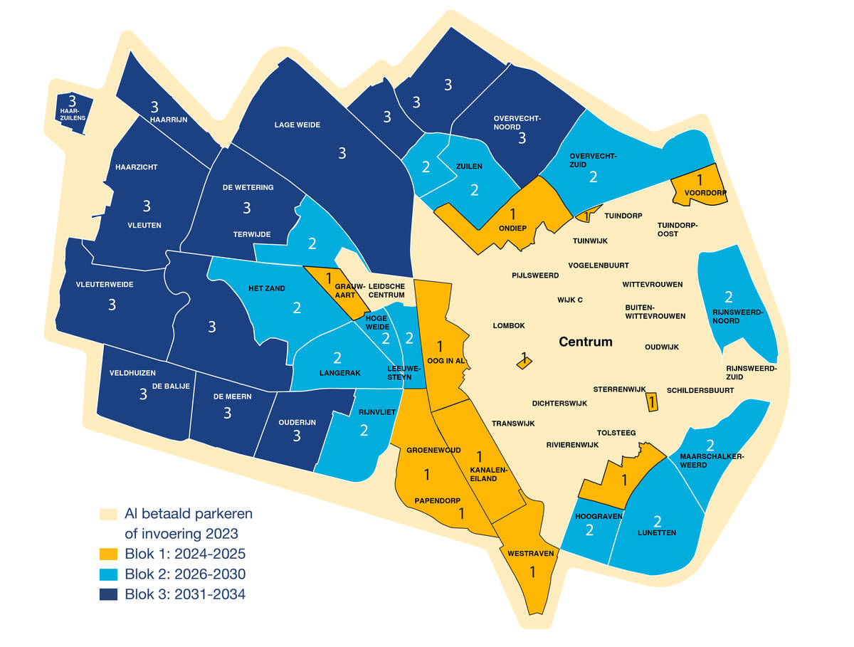 Kaart van Utrecht met daarop de 3 blokken. Onder de kaart staan de blokken in tekst uitgeschreven.