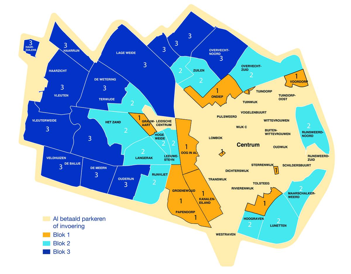 Kaart van Utrecht met daarop de 3 blokken. Onder de kaart staan de blokken in tekst uitgeschreven.
