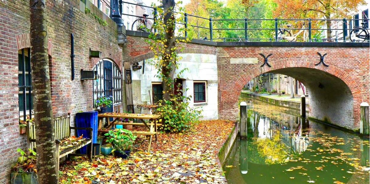 Link naar foto in Flickr: zicht op de Nieuwegracht met herfstbladeren op de kade en in het water.