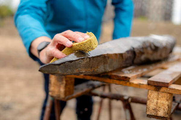 Vrijwilligers maken het Romeinse hout voorzichtig wschoon met een spons waardoor de bewerkingssporen tot in detail bewaard zijn gebleven Foto Abe Jonker