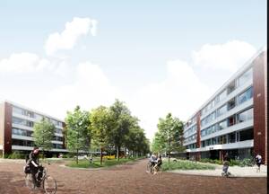impressie 2 gebouwen met in midden groeneiland met gras en bomen