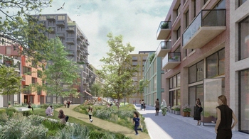 vergroot de impressie van het buurtplein: een plein van groen met paden en langs de gebouwen bestrating.