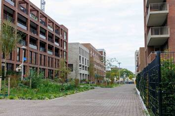 klik en vergroot de opgeleverde woningen: appartementengebouwen aan beide kanten en middenin een weg