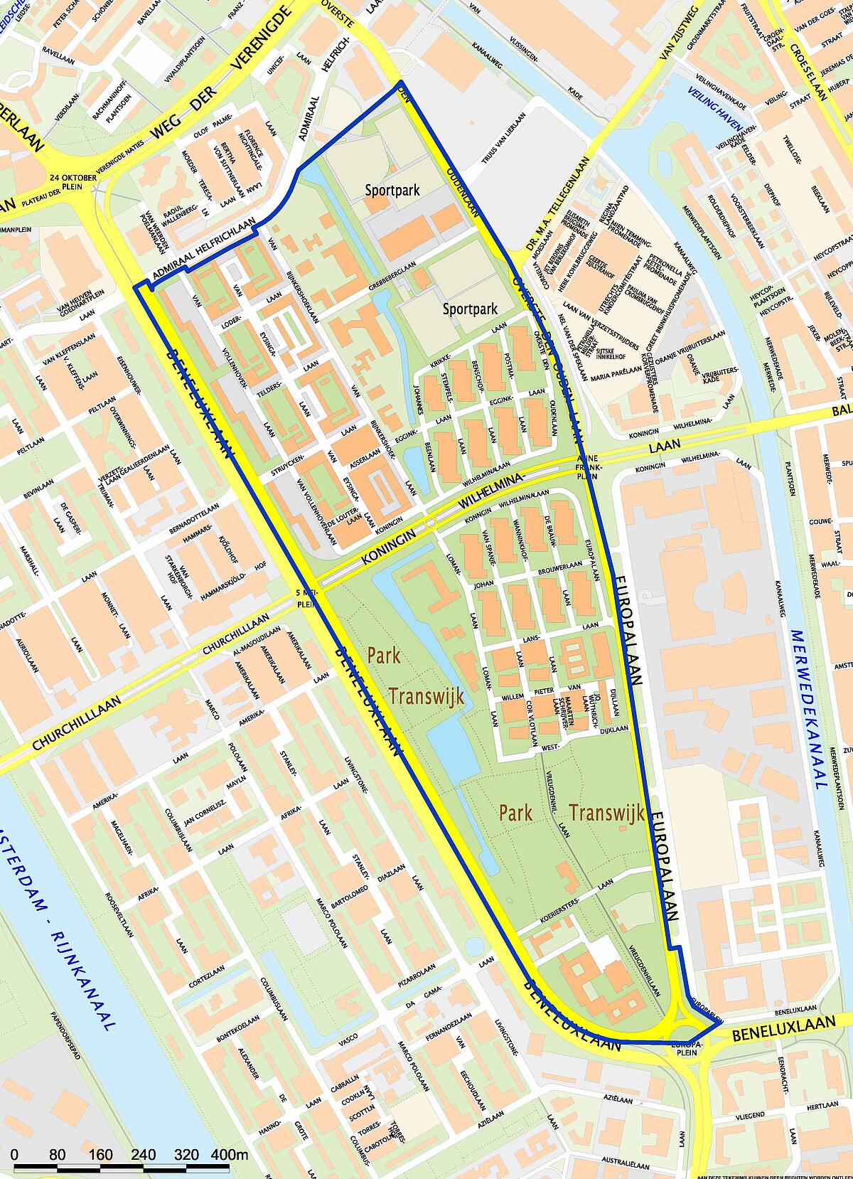 Overzichtskaart van Transwijk, met de daarop de straten waar betaald parkeren komt