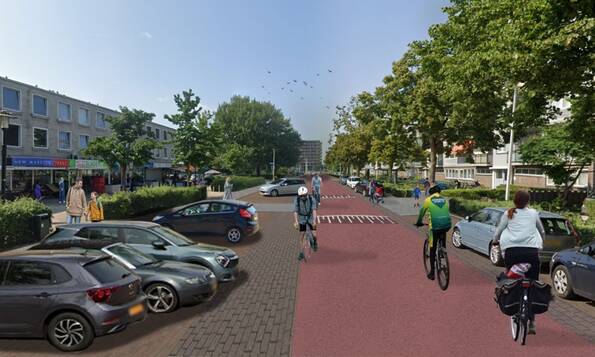 Een ontwerp van de Marco Pololaan in de nieuwe situatie: een straat met meer bomen, rood asfalt en haaks- en langsparkeren.