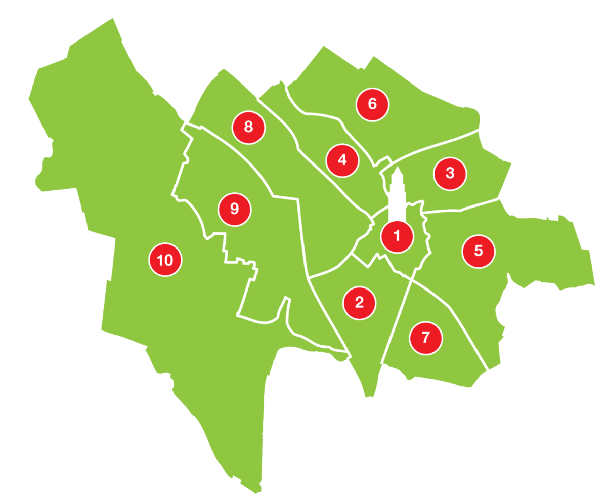 Overzichtskaart van Utrecht, met daarin van 1 tot en met 10 de wijken. In de uitklapper daarna staan de buurtcentra per wijk