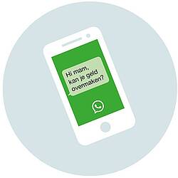 Mobiele telefoon met WhatsApp scherm. Daarop bericht met de tekst 'Hi mam, kan je geld overmaken?'
