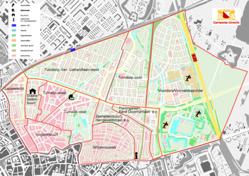 Plattegrond van wijk noordoost, met daarin aangegeven de ligging van de buurten Lauwerecht, Vogelenbuurt, Staatsliedenbuurt, Tuinwijk-west, Tuinwijk-oost, Tuindorp-west, tuindorp-oost, Huizingalaan en omgeving, Zeeheldenbuurt, Wittevrouwen, Voordorp en voorveldsepolder. 