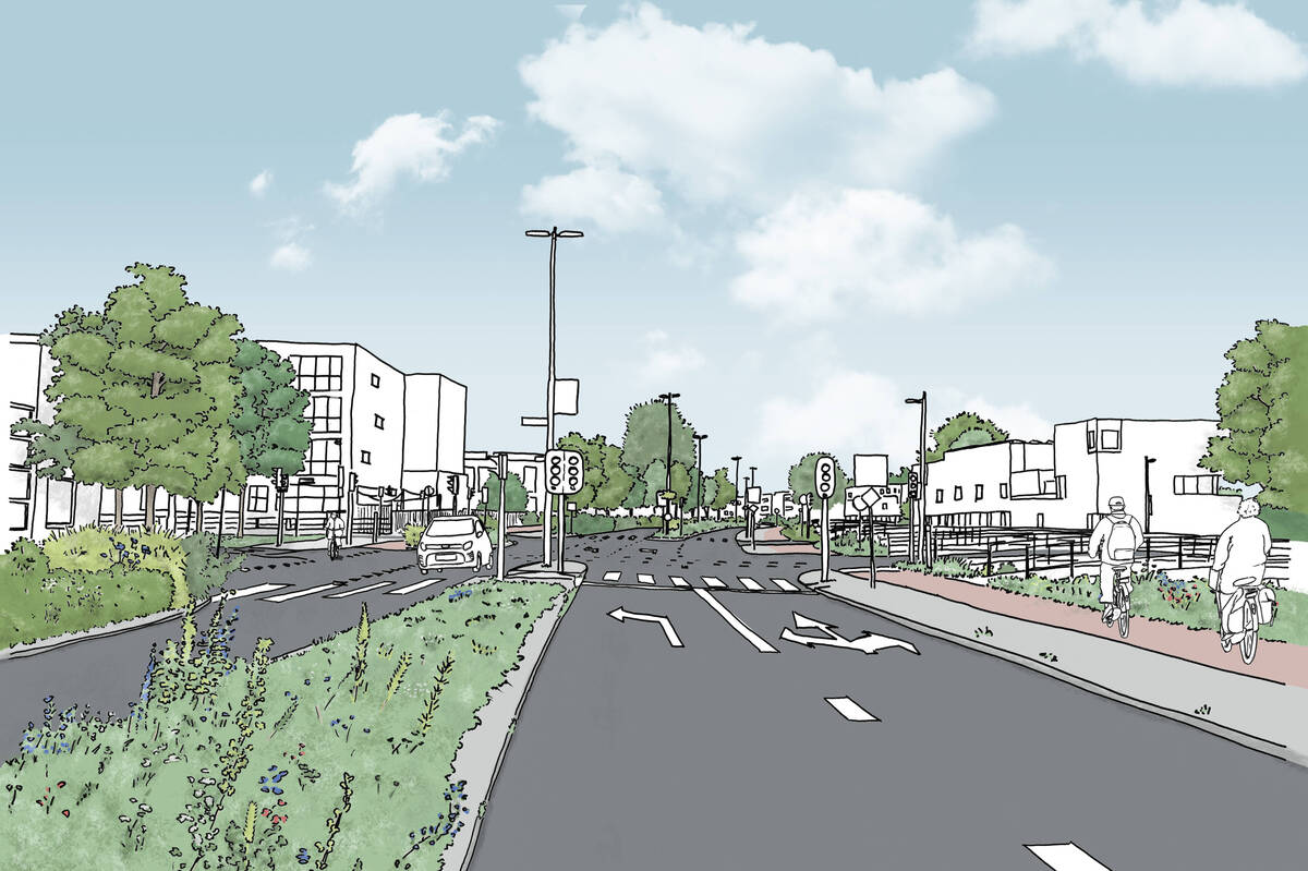 Tekening van de huidige situatie met van links naar rechts: autobaan, een groene berm, autoweg en het fietspad.