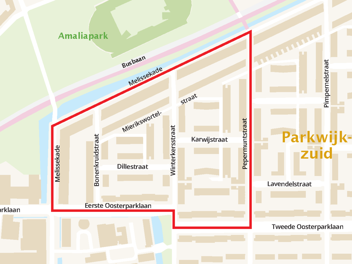 Overzichtskaart met de straten in gebied Parkwijk.