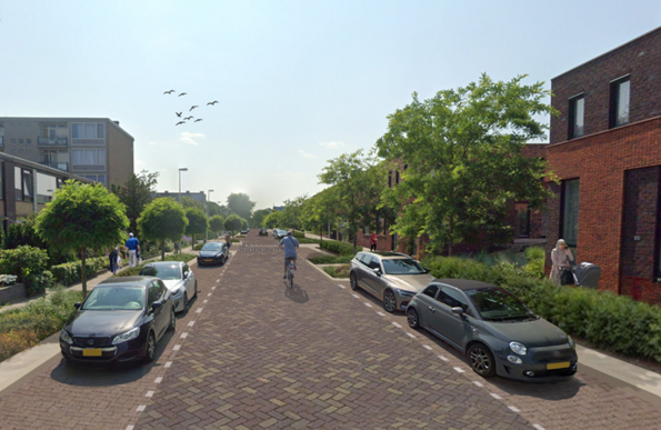 Een ontwerp van de Amerikalaan in de nieuwe situatie:een groene straat met rode klinkers.