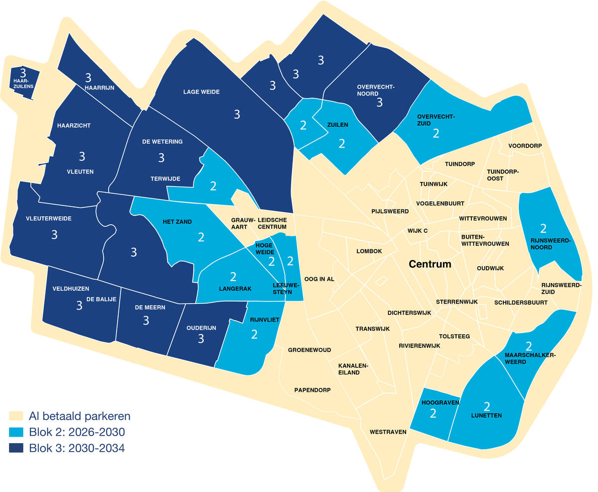 Kaart van Utrecht met daarop de 3 blokken. Onder de kaart staan de blokken in tekst uitgeschreven.