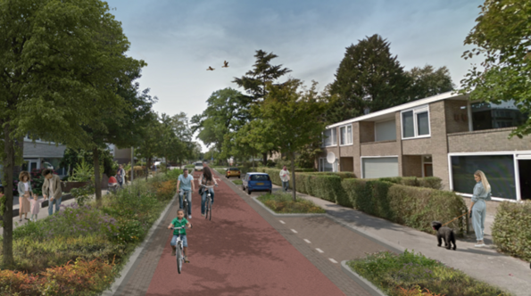 Een ontwerp van de Afrikalaan in de nieuwe situatie: een fietsstraat inrichting met rood asfalt en klinkers aan de zijkanten van de weg