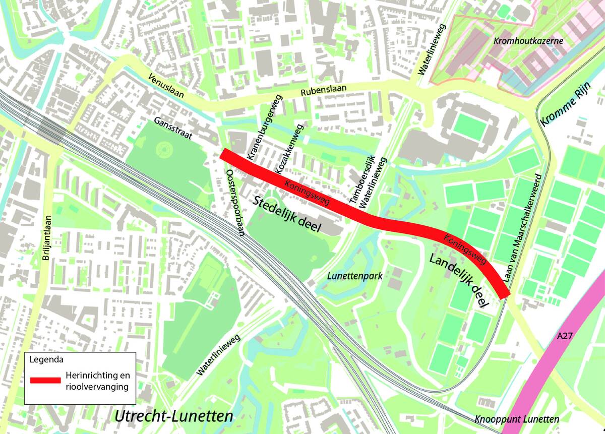 Klik om te vergroten, overzichtskaart van het werk aan de Koningsweg. Uitleg staat in het onderschrift en op de pagina