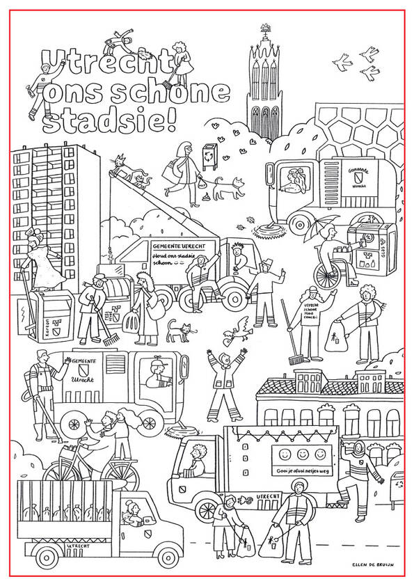 Download de kleurplaat als pdf. Er staan vuilnismannen, veegwagens en actieve inwoners op. Ze werken samen om de stad schoon te houden. Inwoners brengen glas naar de glasbak, laten hun hond uit en fietsen door de stad. Er staan bekende plekken zoals het Maximapark en de Domtoren op.
