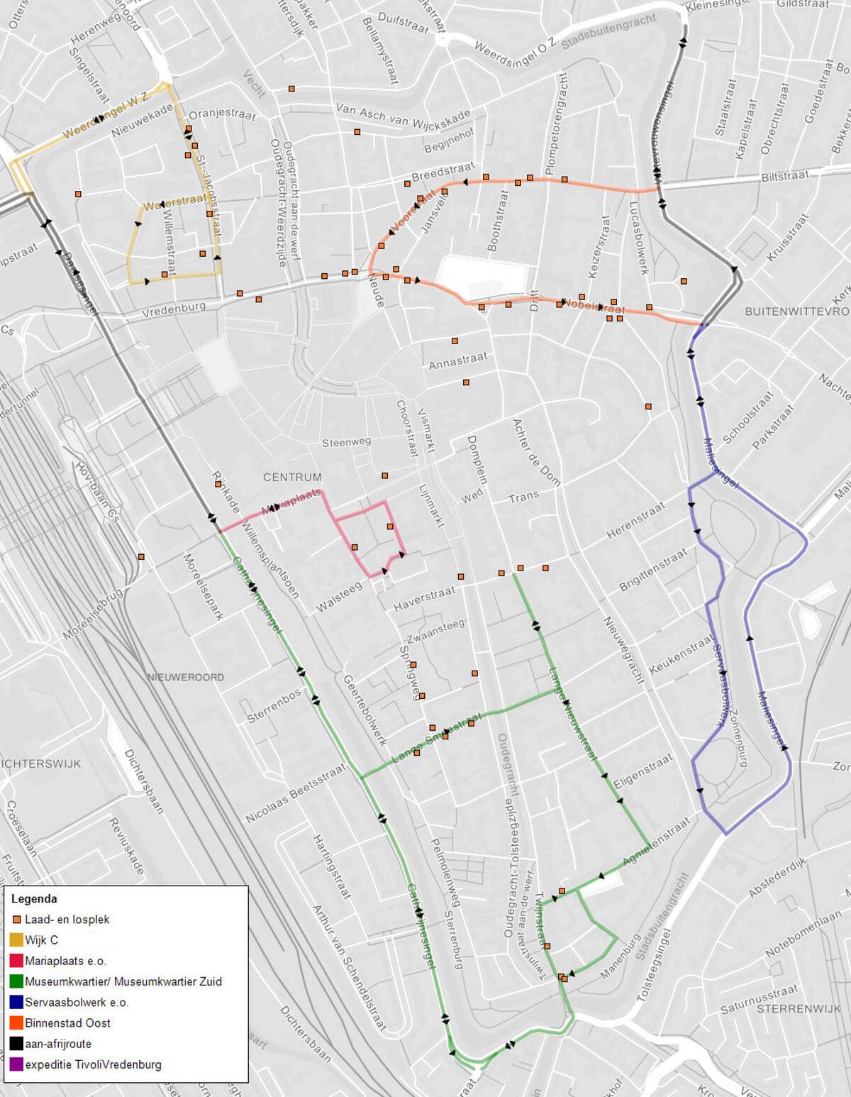 bevoorradingsroutes en de laad- en losplekken uitgeschreven hieronder