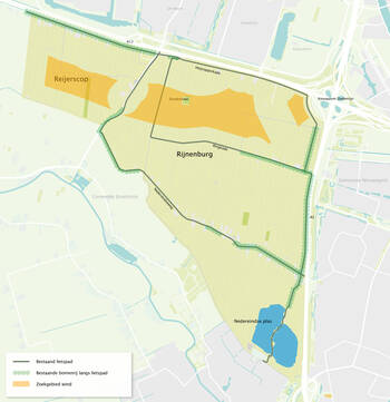 Vergroot de kaart met daarop: bestaand fietspad, bestaande bomenrij langs fietspad en zoekgebied wind