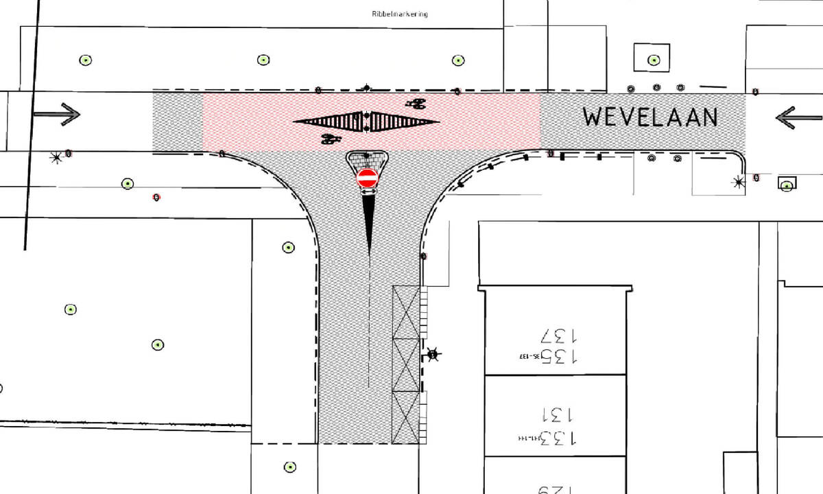 Technische tekening van de nieuwe situatie aan de Wevelaan