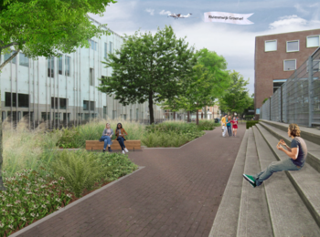 Een visualisatie van hoe de Willem Sluyterstraat er in de toekomst uit gaat zien.