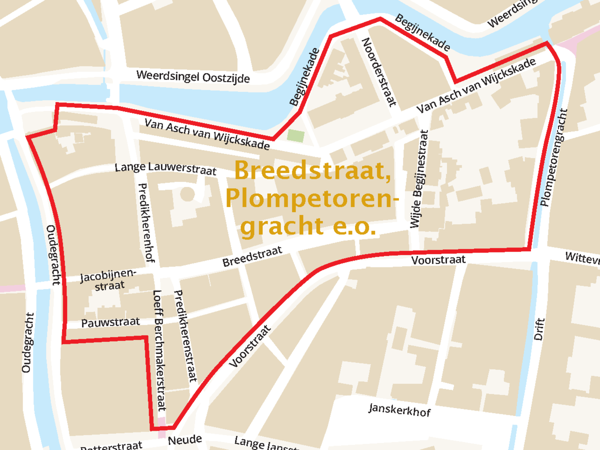 Overzichtskaart met de straten in gebied Breedstraatbuurt
