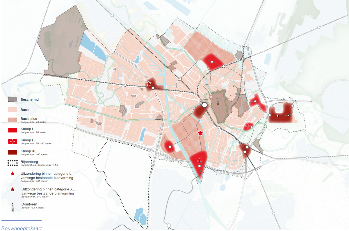 Klik om te vergroten, de bouwhoogtekaart uit de stedenbouwvisie. Lees meer in de tekst over wat te zien is.