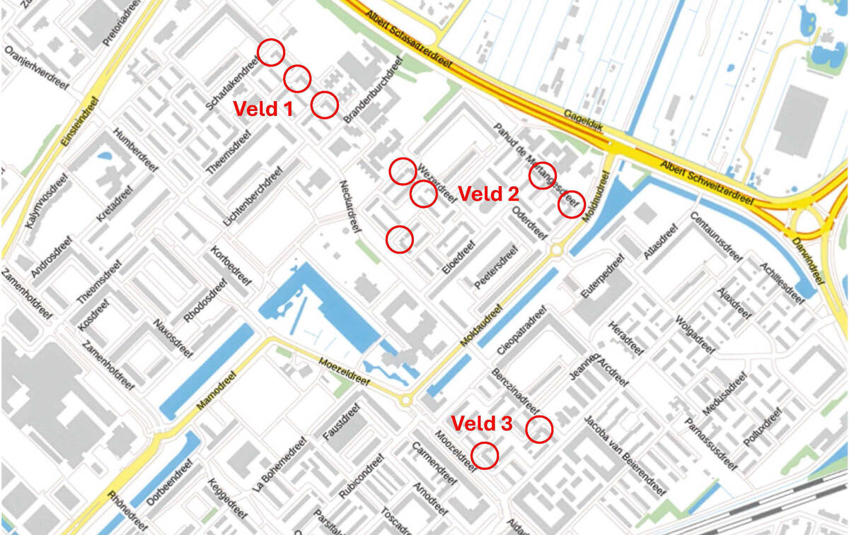 Overzichtskaart met 'velden' die we onderzoeken