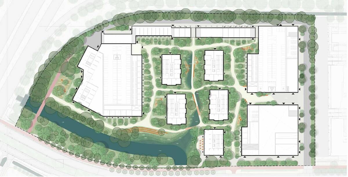 klik en vergroot schets van de inrichting, van bovenaf, de gebouwen, bomen, groen, water en paden