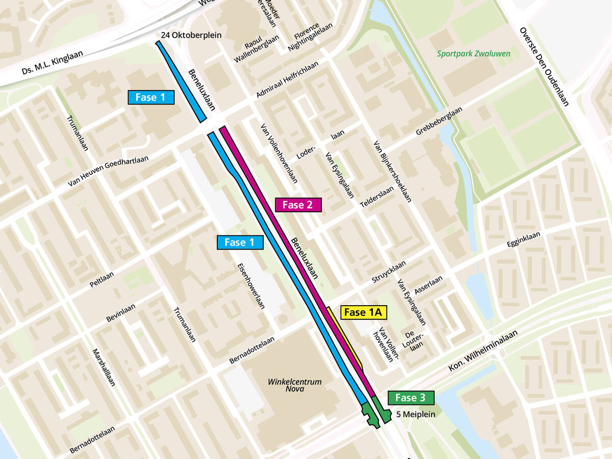 klik voor vergroten, overzichtskaart werk aan asfalt Beneluxlaan, de fasen staan in de tekst en planning