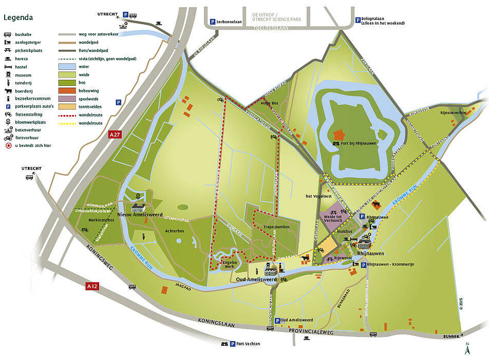 Plattegrond van landgoed Amelisweerd en Rhijnauwen, met een legenda die uitlegt wat op de kaart te zien is.