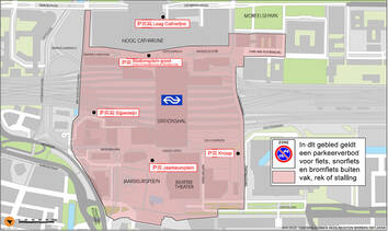 Plattegrond van het stationsgebied waar het parkeerverbod geldt. Dit gebied staat beschreven in de tekst.