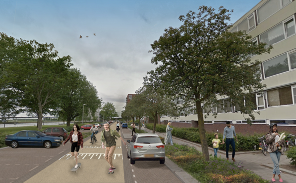 Een ontwerp van de Rooseveltlaan in de nieuwe situatie: een straat met meer groen en haaks- en langsparkeren.