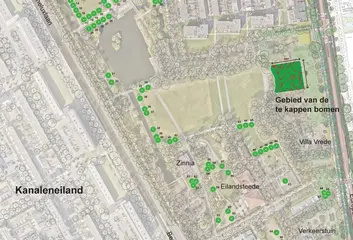 afbeelding met daarop in tekst Kanaleneiland, het gebied waar we de bomen kappen en struiken terugplanten